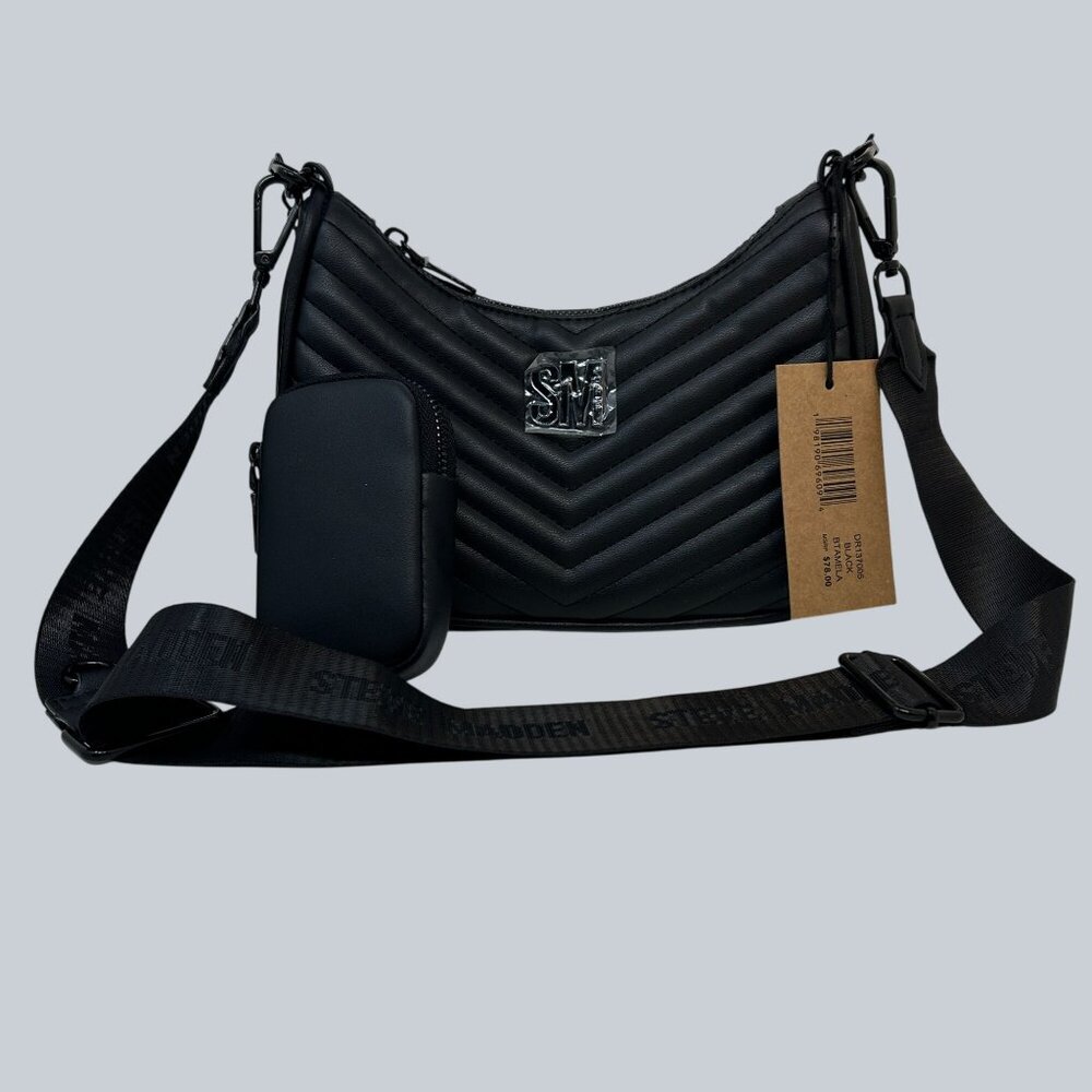 Steve Madden Black Quilted Crossbody Bag With Chain Strap & Pouch